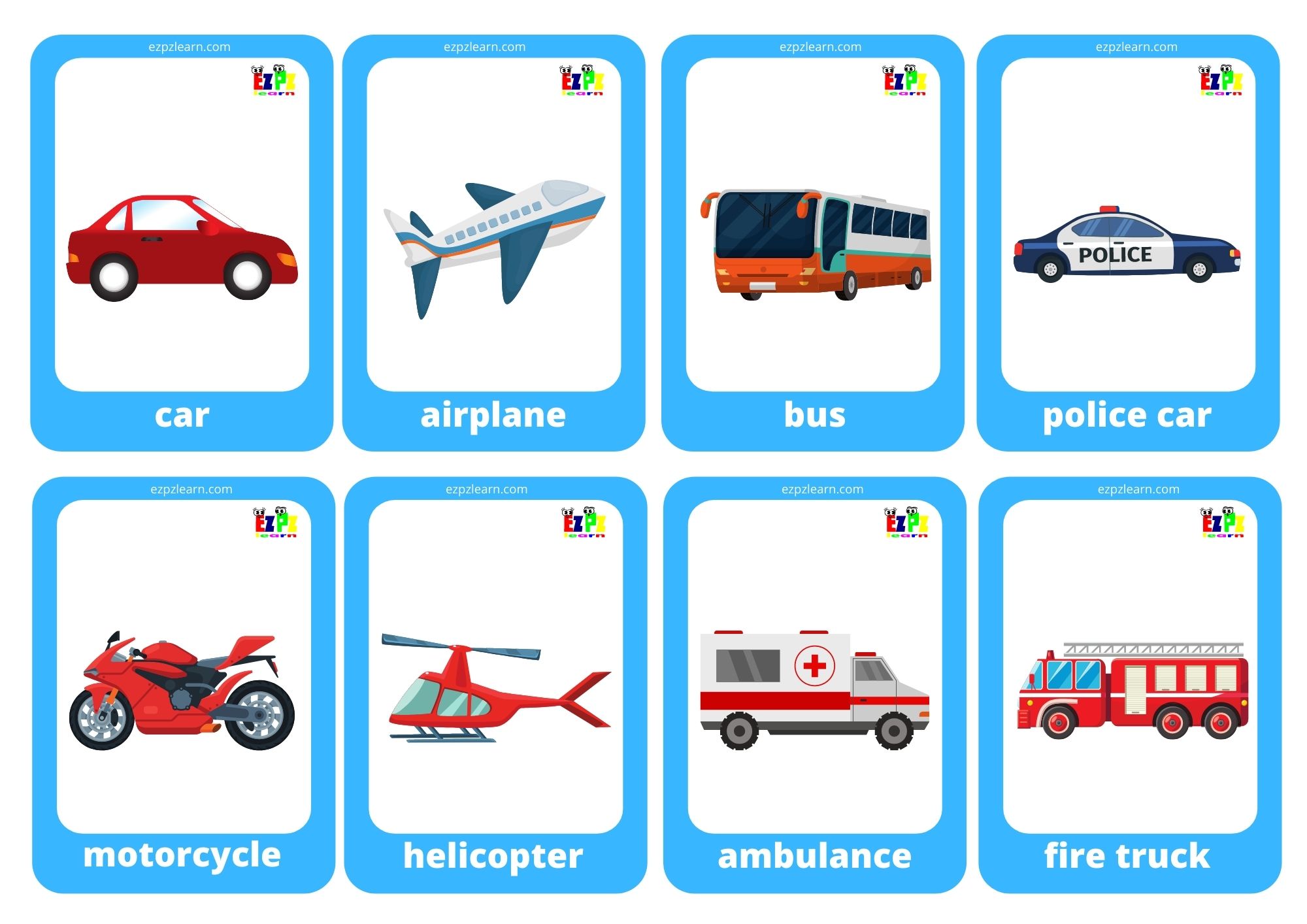 Transportation Game Cards Mini Flashcards Ezpzlearn